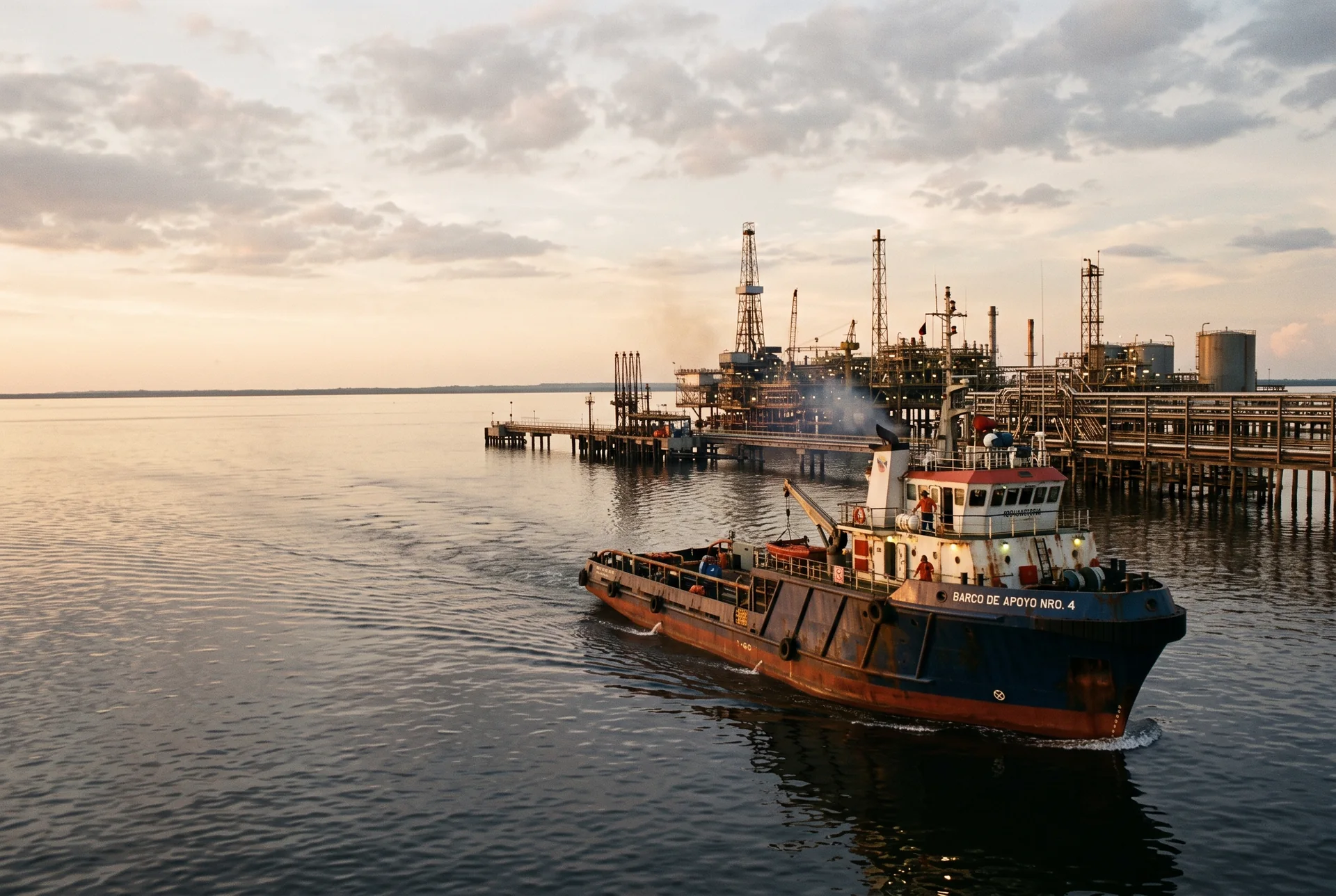 Embarcación de apoyo junto a una instalación petrolera lacustre